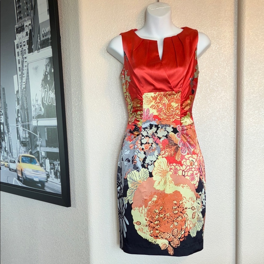 KAY UNGER Colorful Ruched Silk Floral Sheath Dress - Sleeveless, Asian flavor. 4 - Picture 3 of 15